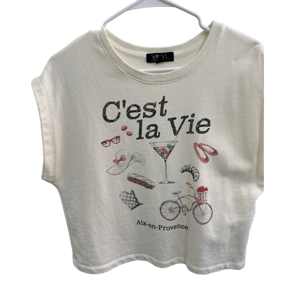 Vinyl Icons Sweatshirt Womens  Large French "That's Life" Cropped Cap Sleeve‎